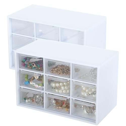 2er Set Bastelbox Aufbewahrung mit 9 Schubladen - Kleine Kosmetik Organizer Schublade - Stapelbare Sortierbox Schubladen für Bürobedarf, Kosmetik, Schmuck, Schreibwaren(Weiß) von KITDAHOM