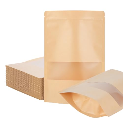 50 Stück Papiertüten mit Fenster - Wiederverschließbare Kraftpapierbeutel 18 x 26cm - Kraftpapier - Für Nüsse, Süßigkeiten, Teeblätter - Ideal für kleine Unternehmen, Haushalte (braun) von KITDAHOM