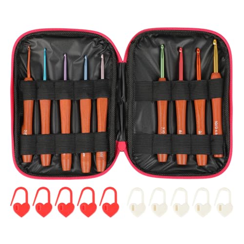 9 Stück Häkelnadel Set - Holzgriff Häkelnadeln - Metall und Holz Material - Ergonomisch, leicht und komfortabel - Für Anfänger, Kinder und Personen mit Arthritis (Bunt) von KITDAHOM