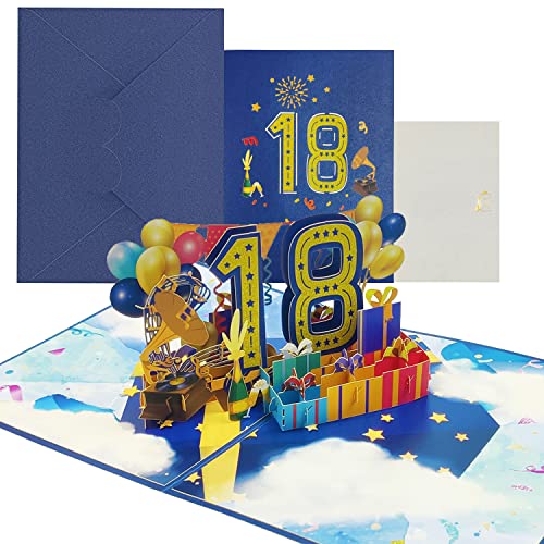 Geburtstagskarte, 3D Pop Up Karte zur Volljährigkeit Geburtstagsparty, Jubiläumskarte Klappkarte mit Nachrichtenkarte und Umschlag für Frauen Mütter Mädchen Männer Freunde (Geburtstagskarte zum 18) von KITRDOOR