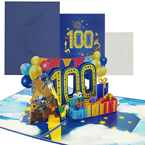 Geburtstagskarte, 3D Pop Up Karte zur Volljährigkeit Geburtstagsparty, Jubiläumskarte Klappkarte mit Nachrichtenkarte und Umschlag für Frauen Mütter Mädchen Männer Freunde (Geburtstagskarte zum 100) von KITRDOOR