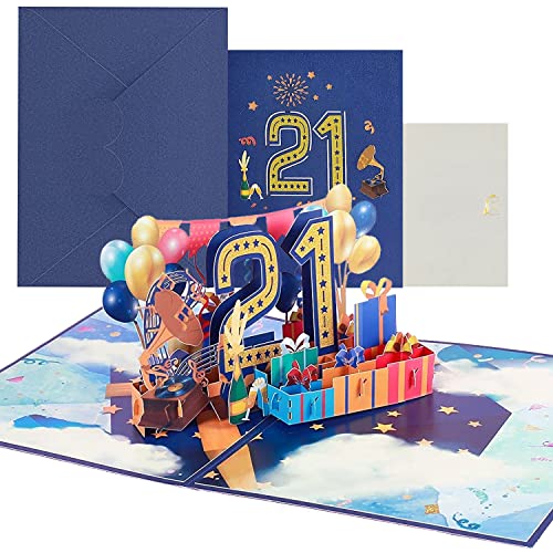 Geburtstagskarte, 3D Pop Up Karte zur Volljährigkeit Geburtstagsparty, Jubiläumskarte Klappkarte mit Nachrichtenkarte und Umschlag für Frauen Mütter Mädchen Männer Freunde (Geburtstagskarte zum 21) von KITRDOOR