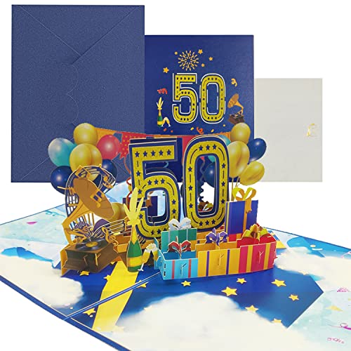Geburtstagskarte, 3D Pop Up Karte zur Volljährigkeit Geburtstagsparty, Jubiläumskarte Klappkarte mit Nachrichtenkarte und Umschlag für Frauen Mütter Mädchen Männer Freunde (Geburtstagskarte zum 50) von KITRDOOR