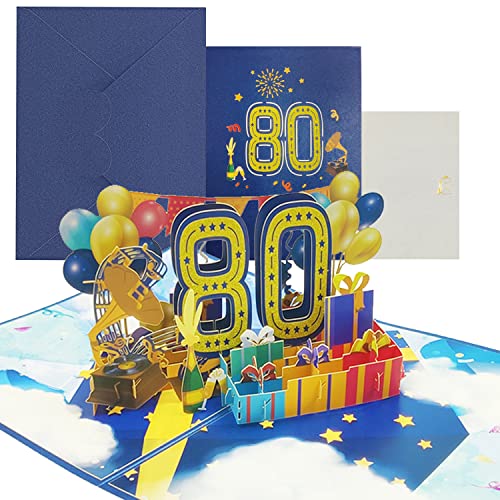 Geburtstagskarte, 3D Pop Up Karte zur Volljährigkeit Geburtstagsparty, Jubiläumskarte Klappkarte mit Nachrichtenkarte und Umschlag für Frauen Mütter Mädchen Männer Freunde (Geburtstagskarte zum 80) von KITRDOOR