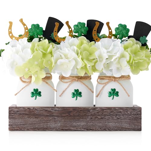 St. Patricks Day Tischdekoration, Tafelaufsätze für Tische, Einmachglas, Tischdekoration mit Bauernhaus-Holztablett, künstliche Blumen, Kleeblatt, Zahnstocher, St. Patrick's Day Dekorationen für den St. Patricks Day Tischdekoration, Tafelaufsätze für Tische, Einmachglas, Tischdekoration mit Bauernhaus-Holztablett, künstliche Blumen, Kleeblatt, Zahnstocher, St. Patrick's Day Dekorationen für den von KIVIVO