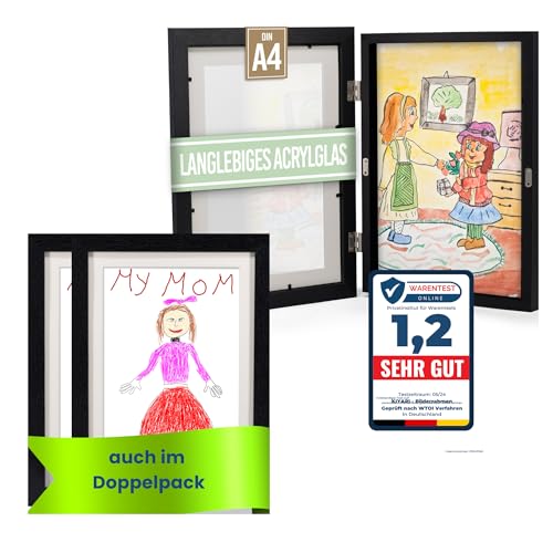 KIYARI Bilderrahmen Kinderzeichnungen A4, 2 Set Schwarz Aufklappbar & Frontöffnung, für bis zu 150 Zeichnungen, Robustes Holz & bruchsicheres Glas, Ideal für Kunstprojekte, Kinderzimmer & Schule von KIYARI