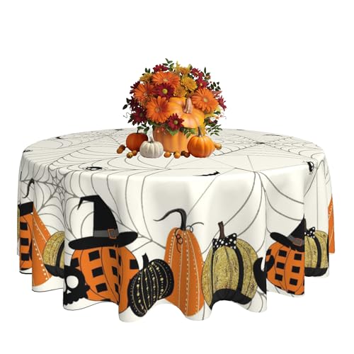 KIYIYZER Halloween-Tischdecke, rund, 152,4 cm, Spinnennetz-Kürbis-Design, Weiß/Orange, wasserdicht, maschinenwaschbar KIYIYZER Halloween-Tischdecke, rund, 152,4 cm, Spinnennetz-Kürbis-Design, Weiß/Orange, wasserdicht, maschinenwaschbar von KIYIYZER