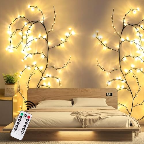 KIYTARBOO DIY Willow Vine Beleuchtete Weidenrebe Baum Lichter Zweige Lichter mit Fernbedienung Timer 144LEDs Lichterketten für Weihnachten Schlafzimmer Tür Wanddeko 4.3M Indoor Warmes Licht Schwarz von KIYTARBOO