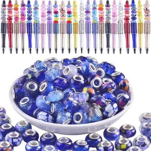 Glasperlen mit großem Loch für Stifte, große Löcher, europäische Perlen, Murano-Glasperlen, Perlenstifte, Großpackung für Schmuckherstellung, Basteln, blaue Mischung, 120 Stück von KJML DIY