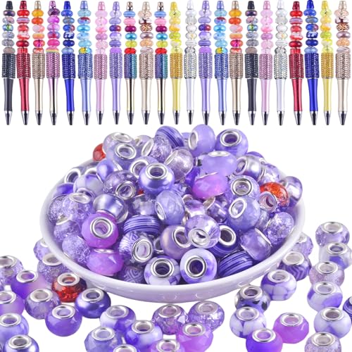 Perlen mit großem Loch für Stifte, Glasperlen mit großem Loch, europäische Perlen, Muranoglasperlen, Perlenstifte, Perlen, Großpackung für Schmuckherstellung, Basteln, Violett, 120 Stück von KJML DIY