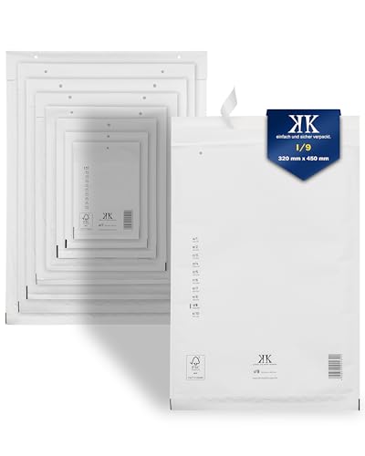 KK Verpackungen 100x Luftpolster-Versandtaschen I9 I/9 320 x 450 mm (Außenmaß) in Weiß | Luftpolsterumschläge Luftpolstertaschen selbstklebend für DIN A3+ von KK Verpackungen