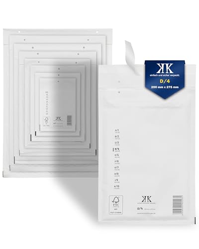 KK Verpackungen 300x Luftpolster-Versandtaschen D4 D/4 200 x 275 mm (Außenmaß) in Weiß | Luftpolsterumschläge Luftpolstertaschen selbstklebend von KK Verpackungen