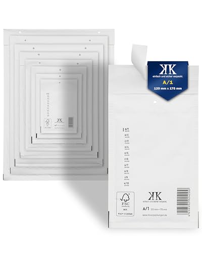KK Verpackungen 400x Luftpolster-Versandtaschen A1 A/1 120 x 175 mm (Außenmaß) in Weiß | Luftpolsterumschläge Luftpolstertaschen selbstklebend für DIN A6+ von KK Verpackungen
