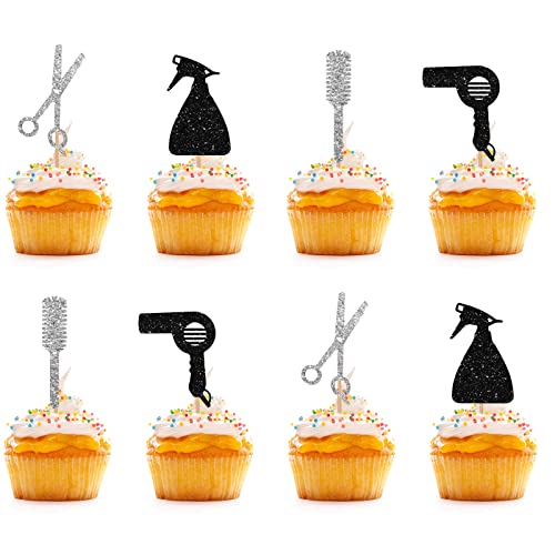 Barbershop Cupcake-Topper, Schwarz & Silber, Glitzer, Make-up, Friseur, Geburtstag, Cupcake-Picks, Kuchendekorationen für Haarschnitt, Salon, Brautparty, Party, 24 Stück Barbershop Cupcake-Topper, Schwarz & Silber, Glitzer, Make-up, Friseur, Geburtstag, Cupcake-Picks, Kuchendekorationen für Haarschnitt, Salon, Brautparty, Party, 24 Stück von KKAIRA