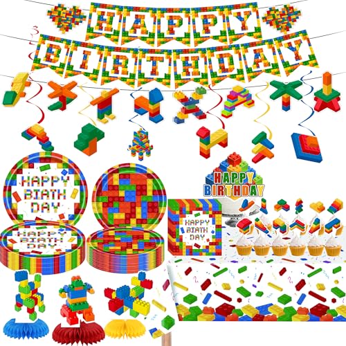 130 Stück Bausteine, Geburtstagsparty-Zubehör, Teller, Servietten, Tischdecke und Banner, Tischdekoration, hängende Wirbel, Kuchendekoration, bunte Bausteine für Kinderparty-Dekorationen, 24 Stück 130 Stück Bausteine, Geburtstagsparty-Zubehör, Teller, Servietten, Tischdecke und Banner, Tischdekoration, hängende Wirbel, Kuchendekoration, bunte Bausteine für Kinderparty-Dekorationen, 24 Stück von KKOH&OHKK