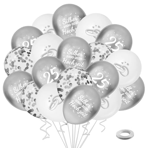 35 Stück Silberhochzeit 2000-2025 Luftballons, 25. Hochzeitstag Dekoration, Bedruckter Ballon und Konfetti-Ballons mit 2 Rollen Band, für Hochzeit Party Deko 35 Stück Silberhochzeit 2000-2025 Luftballons, 25. Hochzeitstag Dekoration, Bedruckter Ballon und Konfetti-Ballons mit 2 Rollen Band, für Hochzeit Party Deko von KKSJK