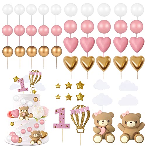 49 stück Rosa Tortendeko Set, Mädchen 1.Geburtstag Cake Topper, Teddybär Kuchen Dekoration für Hochzeit, Baby Shower und Geburtstag Party von KKSJK