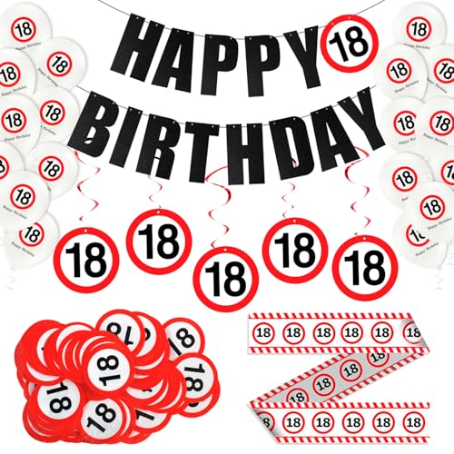 18 Geburtstag Deko für Männer & Frauen, Happy Birthday Decorations Set mit Girlande, Konfetti, Spiralen, Absperrband 18 Schild für Geburtstag und Latex-Ballons, Verkehrsschild zum 18 Jahre von KKSJK