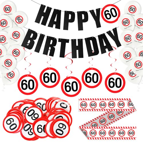 60 Geburtstag Deko für Männer & Frauen, Happy Birthday Decorations Set mit Girlande, Konfetti, Spiralen, Absperrband 60 Schild für Geburtstag und Latex-Ballons, Verkehrsschild zum 60 Jahre von KKSJK