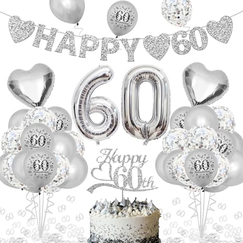 Diamantene Hochzeit Deko - "HAPPY 60" Banner, Zahl Foil Luftballons und Latexballon, Silber Zahl 60 Konfetti, Cake Topper für Jubiläum Hochzeit Deko, 60. Geburtstag Deko von KKSJK