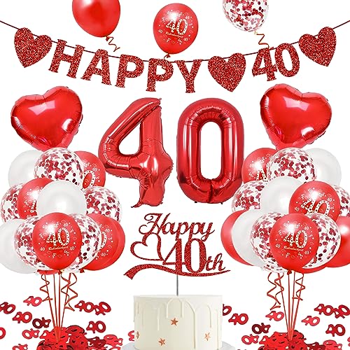 Rubinhochzeitt Deko, 40. Hochzeitstag- "HAPPY 40" Banner, Zahl Foil Luftballons und Latexballon, Rot Zahl 40 Konfetti, Cake Topper für 40. Jubiläum Hochzeit Deko Geburtstag Party Feier von KKSJK