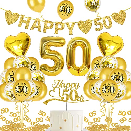Goldene Hochzeit Deko, - "HAPPY 50" Banner, Zahl Foil Luftballons und Latexballon, Gold Zahl 50 Konfetti, Cake Topper für Jubiläum Hochzeit Deko, 50. Geburtstag Deko (goldene hochzeit) von KKSJK