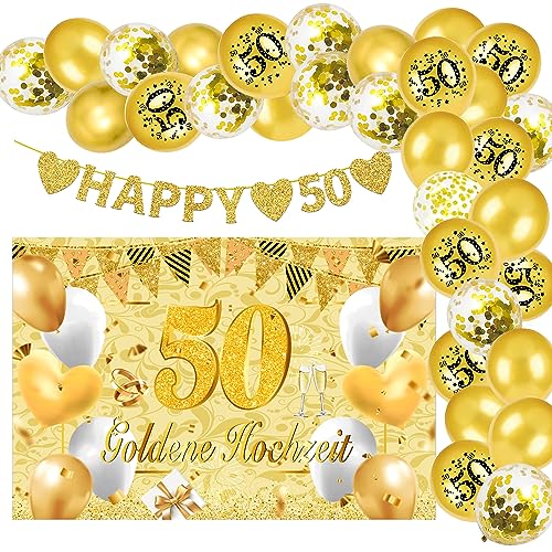 Goldene Hochzeit Deko - 50.Goldenen Hochzeit Banner, "HAPPY 50" Banner, Goldene Latexballon, für 50. Jubiläum Hochzeit Deko Geburtstag Party Feier(100 * 150cm) von KKSJK