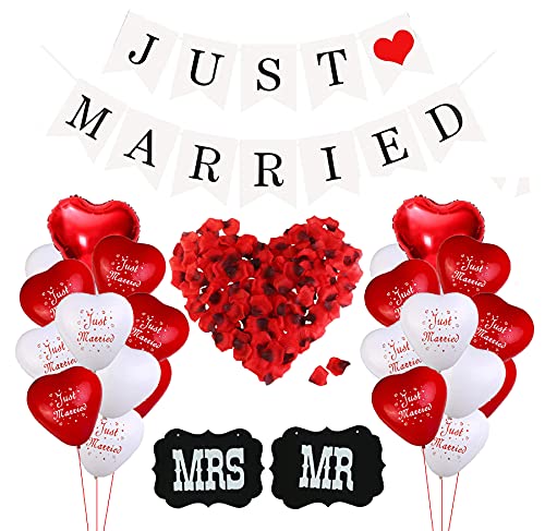 Just Married Hochzeit Deko Set, 500 Rosenblätter, MR und MRS Zeichen, Just Married Girlande Banner, Herzförmige Ballon für Heiratsantrag Verlobungs Wedding Dekoration Just Married Hochzeit Deko Set, 500 Rosenblätter, MR und MRS Zeichen, Just Married Girlande Banner, Herzförmige Ballon für Heiratsantrag Verlobungs Wedding Dekoration von KKSJK