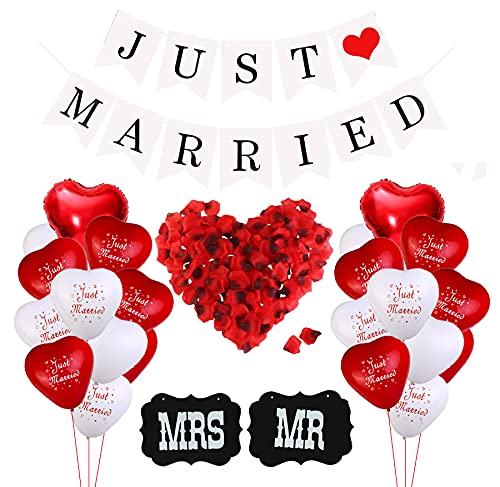 Just Married Hochzeit Deko Set, 500 Rosenblätter, MR und MRS Zeichen, Just Married Girlande Banner, Herzförmige Ballon für Heiratsantrag Verlobungs Wedding Dekoration von KKSJK