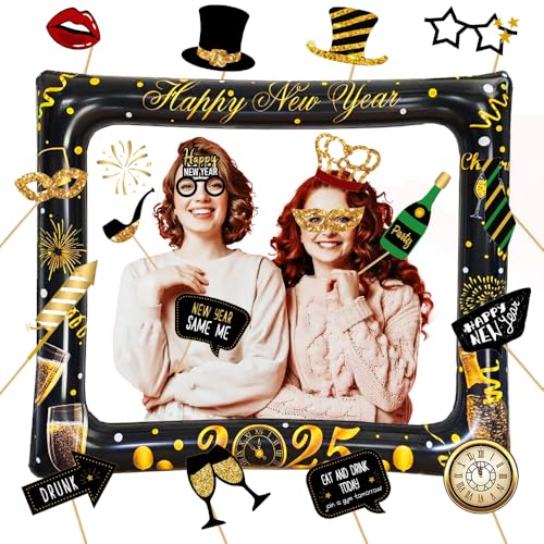KKSJK 2025 Neujahr Aufblasbarer Bilderrahmen Mit 22 Pcs Foto Requisiten, Silvester Photo Booth, Neues Jahr Party Fotobox Accessoires, Schwarz Gold Selfie Rahmen Für New Year von KKSJK