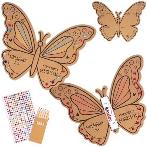 KKSJK Einladungskarten Kindergeburtstag, 15pcs Einladung Geburtstag Kraftpapier mit Buntstifte, Geburtstagseinladungen Kinder Bastelset, Partyeinladungen für Jungen Mädchen (Schmetterlinge) von KKSJK