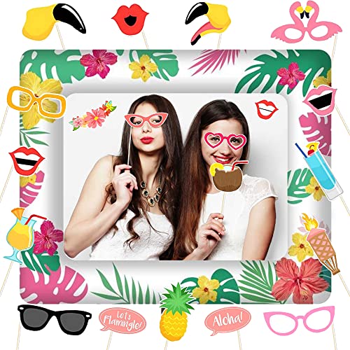 KKSJK Hawaii Aufblasbarer Bilderrahmen mit 21 PCS Foto Requisiten, Flamingo Photo Booth, Bunt Sommer Fotobox Accessoires, Selfie Rahmen für Sommerfest von KKSJK