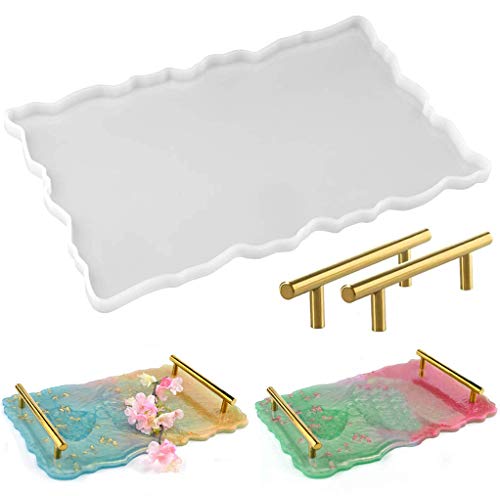 KKSJK Resin Gießharz Silikonform, DIY Tablett Gießform Kit, Unregelmäßigen Mustern Epoxidharz Formen mit 2pcs Goldener Griff, Silikonform Gießform für Home Decoration Kunsthandwerk von KKSJK