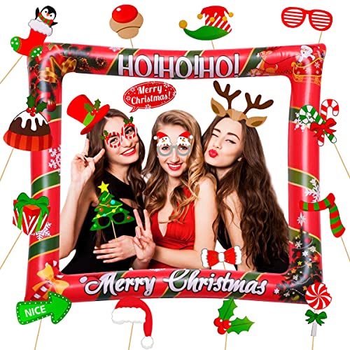 KKSJK Weihnachten Aufblasbarer Bilderrahmen mit 32 PCS Foto Requisiten, Weihnachtsdeko Photo Booth, Christmas Party Fotobox Accessoires, Selfie Rahmen für Weihnachten von KKSJK