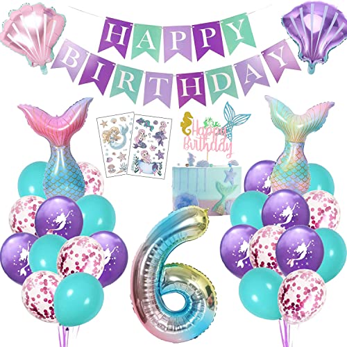 Meerjungfrau Geburtstag Deko 6 Jahre, Kindergeburtstag Luftballon Mädchen, Meerjungfrauen Thema Party Set mit Folienballon, Happy Birthday Girlande, Cake Topper und Tattoos von KKSJK