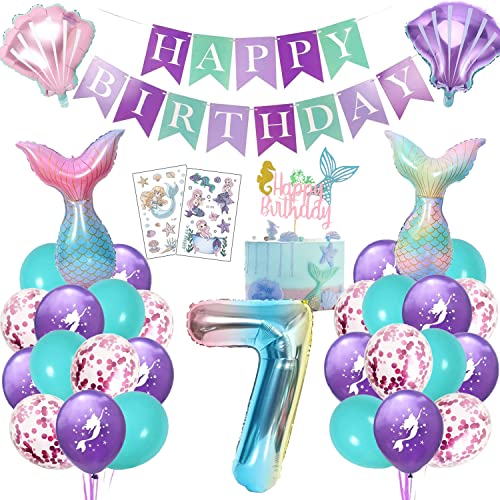 Meerjungfrau Geburtstag Deko 7 Jahre, Kindergeburtstag Luftballon Mädchen, Meerjungfrauen Thema Party Set mit Folienballon, Happy Birthday Girlande, Cake Topper und Tattoos von KKSJK