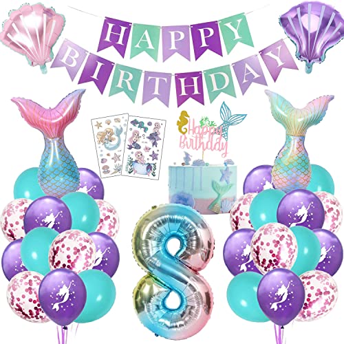 Meerjungfrau Geburtstag Deko 8 Jahre, Kindergeburtstag Luftballon Mädchen, Meerjungfrauen Thema Party Set mit Folienballon, Happy Birthday Girlande, Cake Topper und Tattoos Meerjungfrau Geburtstag Deko 8 Jahre, Kindergeburtstag Luftballon Mädchen, Meerjungfrauen Thema Party Set mit Folienballon, Happy Birthday Girlande, Cake Topper und Tattoos von KKSJK