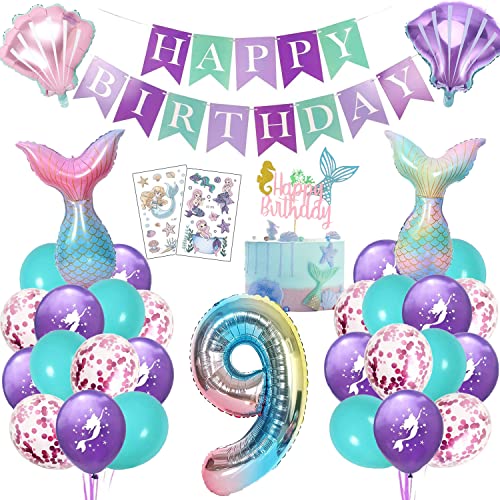 Meerjungfrau Geburtstag Deko 9 Jahre, Kindergeburtstag Luftballon Mädchen, Meerjungfrauen Thema Party Set mit Folienballon, Happy Birthday Girlande, Cake Topper und Tattoos von KKSJK