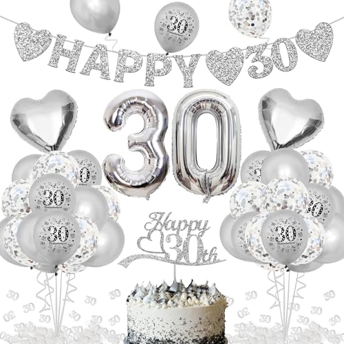 Perlenhochzeit Deko - "HAPPY 30" Banner, Zahl Foil Luftballons und Latexballon, Silber Zahl 30 Konfetti, Cake Topper für Jubiläum Hochzeit Deko, 30. Geburtstag Deko Perlenhochzeit Deko - "HAPPY 30" Banner, Zahl Foil Luftballons und Latexballon, Silber Zahl 30 Konfetti, Cake Topper für Jubiläum Hochzeit Deko, 30. Geburtstag Deko von KKSJK