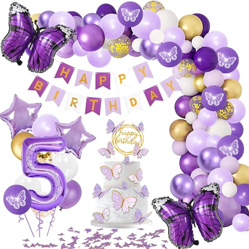 Schmetterling Geburtstags Deko Mädchen, Lila Geburtstagsdeko Set - Schmetterling Folien Ballon, Happy Birthday Banner, Folienballons, Tortenaufsatz für Kindergeburtstag (5) von KKSJK