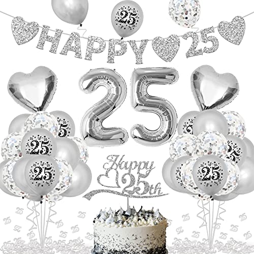 Silber Hochzeit Deko, - "HAPPY 25" Banner, Zahl Foil Luftballons und Latexballon, Silber Zahl 25 Konfetti, Cake Topper für Jubiläum Hochzeit Deko, 25. Geburtstag Deko Silber Hochzeit Deko, - "HAPPY 25" Banner, Zahl Foil Luftballons und Latexballon, Silber Zahl 25 Konfetti, Cake Topper für Jubiläum Hochzeit Deko, 25. Geburtstag Deko von KKSJK