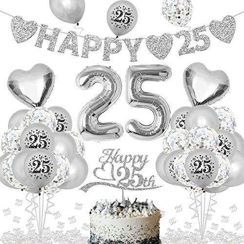 Silber Hochzeit Deko, - "HAPPY 25" Banner, Zahl Foil Luftballons und Latexballon, Silber Zahl 25 Konfetti, Cake Topper für Jubiläum Hochzeit Deko, 25. Geburtstag Deko von KKSJK