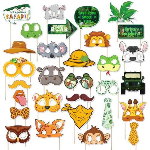 30pcs Dschungel Safari Tier Foto Stand Requisiten Wald Tiere Party Photobooth Requisiten, Lustig Papier Wald Tier Themenfoto Requisiten für Kindergeburtstag, Party von KKTONGXI