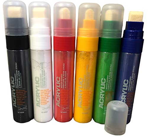 KLAMOTTEN STORE Montana Acrylic Marker Grundfarben Set, 6 Stifte mit Pumpsystem 15mm breiter Filz, wasserfest von KLAMOTTEN STORE