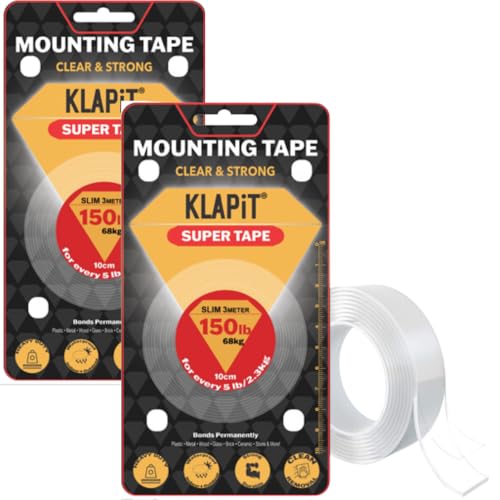 KLAPiT Super Tape Transparentes doppelseitiges Klebeband, robust, verbesserte Nanotechnologie, unterstützt 60 kg pro Zoll, ideal für Rahmen, Teppiche, Fußmatten, Stromkabel von KLAPiT