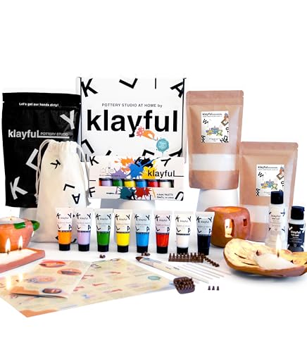 KLAYFUL - DIY-Set Kerzen & Keramik | 400g pflanzliches Perlwachs, 1,5kg Ton, Farben, Pinsel, Dochte, Stempel & Anleitung (Terrakotta-Ton + Perlwachs + Klassische Farben) von KLAYFUL