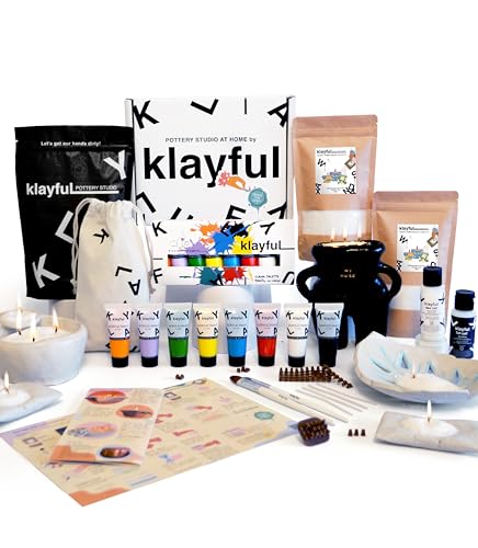 KLAYFUL - Set mit Kerzen und Ton zum Trocknen an der Luft | 400g 100% pflanzliches Perlwachs, 1,5kg weißer Ton, Pinsel, Farben, Dochte, Stempel, Anleitung und mehr | DIY Kerzen und Keramik von KLAYFUL