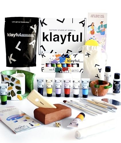 Klayful-Töpferset für Anfänger | Lufttrocknendes DIY Set für Erwachsene | 3kg of ton,Werkzeuge,Acrylfarben,Pinsel, Dichtmittel,Anleitung (1,5 kg Ton Terrakotta – Klassische Farben) von KLAYFUL