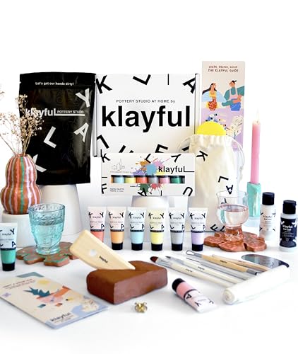 Klayful-Töpferset für Anfänger | Lufttrocknendes DIY Set für Erwachsene | 3kg of ton,Werkzeuge,Acrylfarben,Pinsel, Dichtmittel,Anleitung (1,5 kg Ton Terrakotta – Pastellfarben) von KLAYFUL