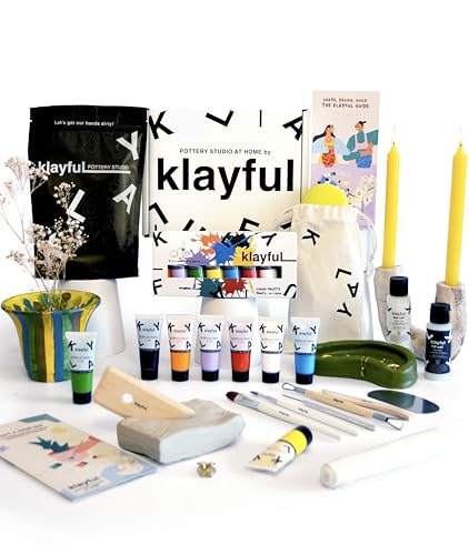 Klayful-Töpferset für Anfänger | Lufttrocknendes DIY Set für Erwachsene | 3kg of ton,Werkzeuge,Acrylfarben,Pinsel, Dichtmittel,Anleitung (1,5 kg Ton Weiß – Klassische Farben) von KLAYFUL